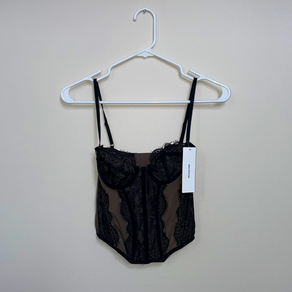 Never worn Urban Outfitters corset tank, black detailing with gray brown mesh.